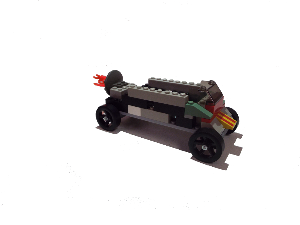 A finished pinewood derby car built on a Derby Magic MiniBrick chassis