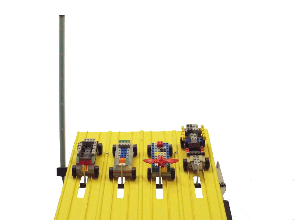 A pinewood derby car built with LEGO-compatible MiniBrick parts